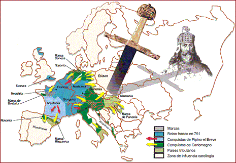 Mapa do Império Carolíngio. Reino dos Francos